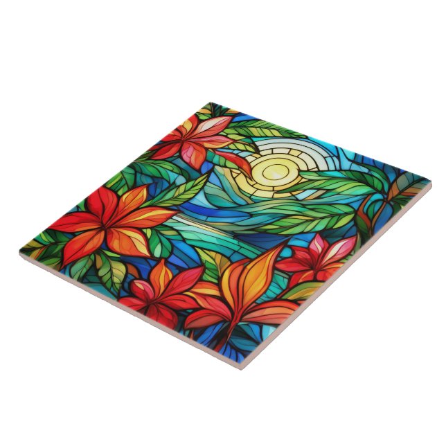 Tropical flowers in moonlight stained glass art tile (Side)