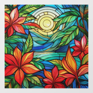Tropical flowers in moonlight stained glass art window cling