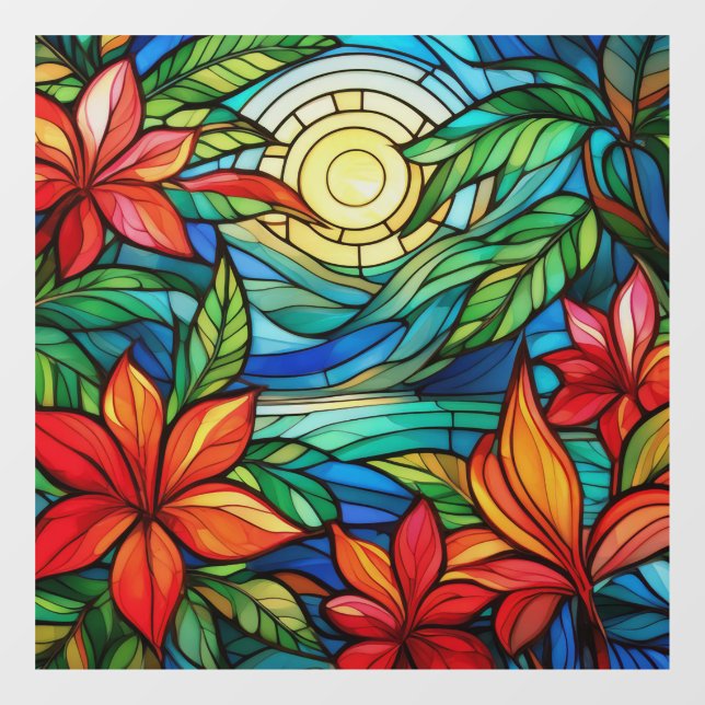 Tropical flowers in moonlight stained glass art window cling (Sheet)