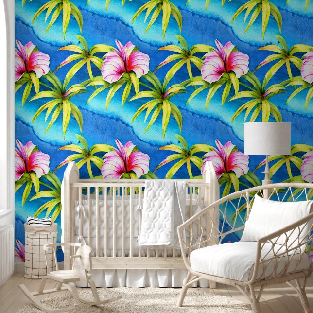 Tropical flowers island leaf turquoise sea coastal wallpaper (Kids)