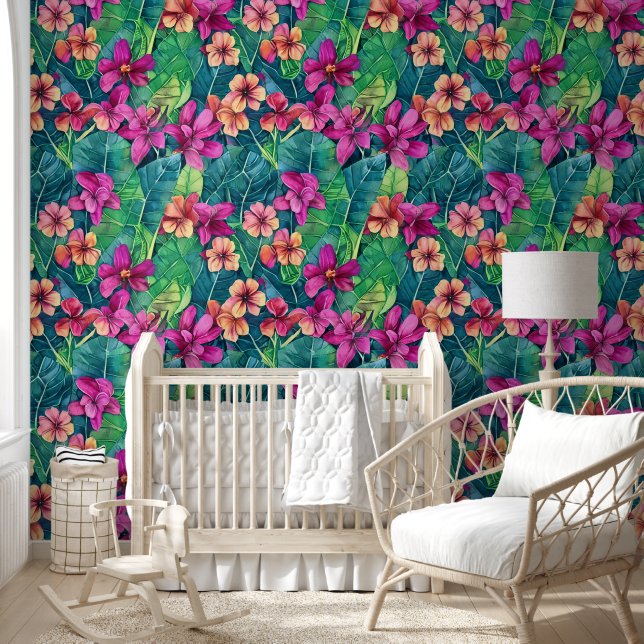 Tropical flowers jungle leaves aloha hawaiian chic wallpaper (Kids)