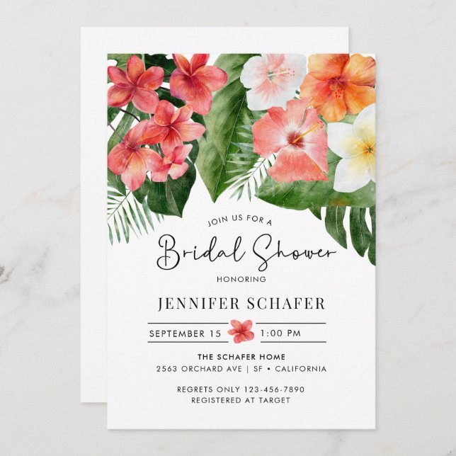 Tropical Flowers Leaves Bridal Shower Invitation (Front/Back)