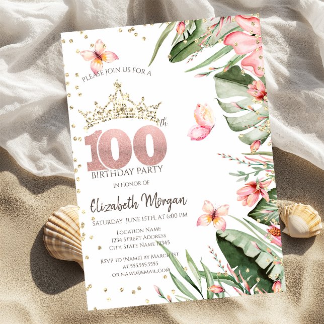 Tropical Flowers Leaves Diamonds 100th Birthday Invitation (Creator Uploaded)