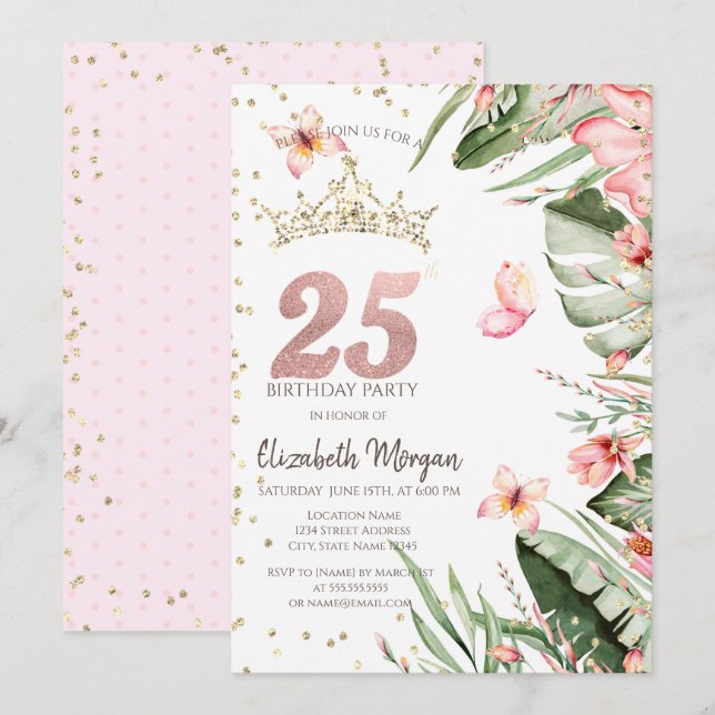 Tropical Flowers Leaves Diamonds 25th Birthday Invitation (Front/Back)