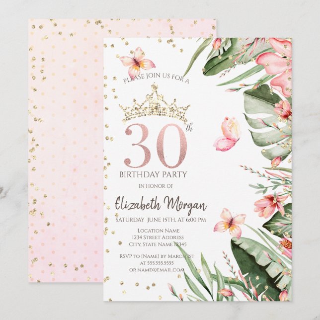 Tropical Flowers Leaves Diamonds 30th Birthday Invitation (Front/Back)