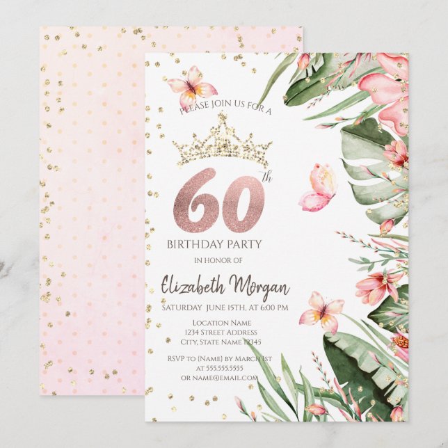 Tropical Flowers Leaves Diamonds 60th Birthday Invitation (Front/Back)