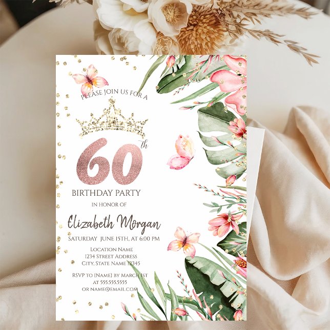 Tropical Flowers Leaves Diamonds 60th Birthday Invitation (Creator Uploaded)