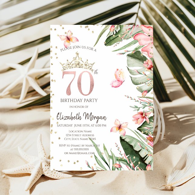 Tropical Flowers Leaves Diamonds 70th Birthday Invitation (Creator Uploaded)
