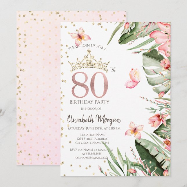 Tropical Flowers Leaves Diamonds 80th Birthday Invitation (Front/Back)