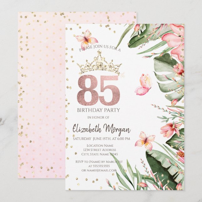 Tropical Flowers Leaves Diamonds 85th Birthday Invitation (Front/Back)