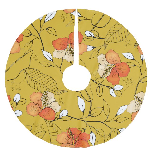 Tropical Flowers Leaves: Exotic Wallpaper. Brushed Polyester Tree Skirt (Front)