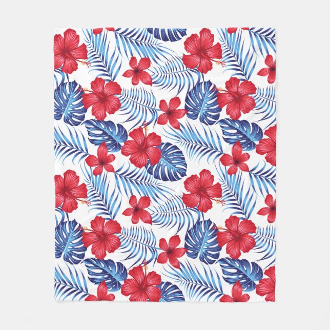 Tropical Flowers Leaves Fleece Blanket (Front)