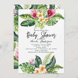 Tropical Flowers & Leaves Floral Baby Shower Invitation