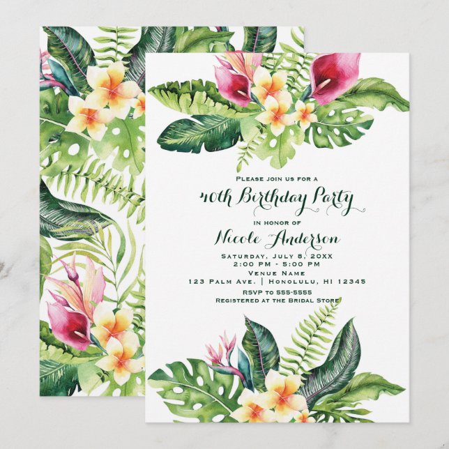 Tropical Flowers & Leaves Floral Birthday Party Invitation (Front/Back)