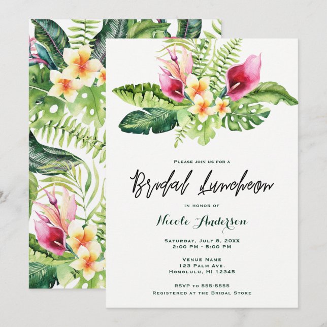 Tropical Flowers & Leaves Floral Bridal Luncheon Invitation (Front/Back)