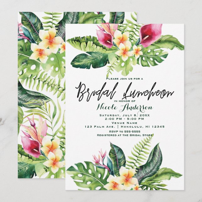 Tropical Flowers & Leaves Floral Bridal Luncheon Invitation (Front/Back)