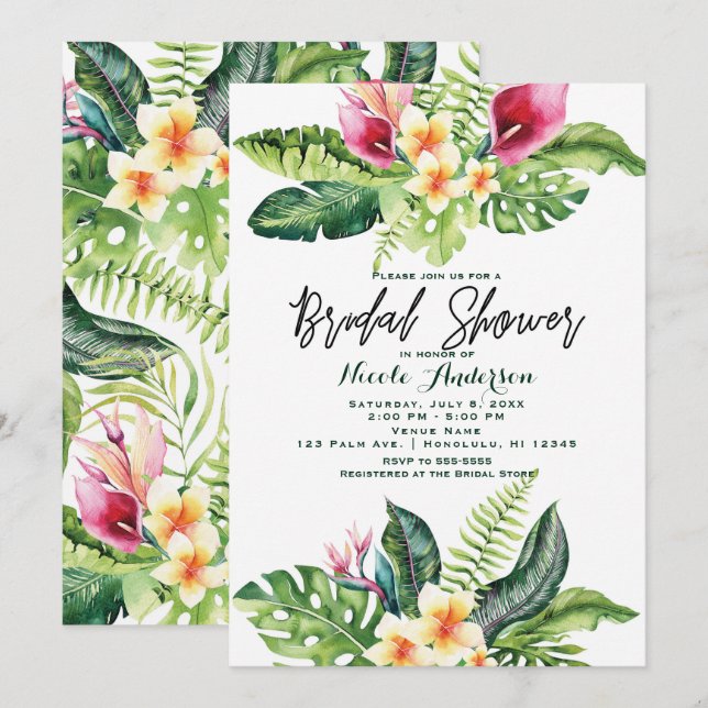 Tropical Flowers & Leaves Floral Bridal Shower Invitation (Front/Back)
