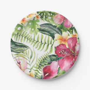 Tropical Flowers Leaves Floral Bridal Shower Party Paper Plate