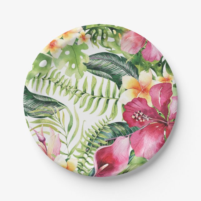 Tropical Flowers Leaves Floral Bridal Shower Party Paper Plate (Front)