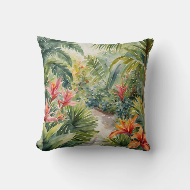 Tropical Flowers Leaves Garden Watercolor Cushion (Front)