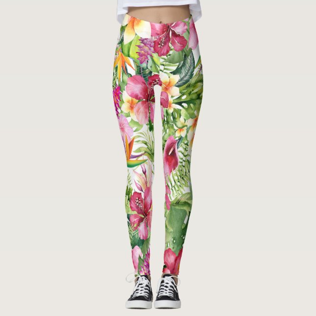 Tropical Flowers & Leaves Hawaiian Floral Leggings (Front)