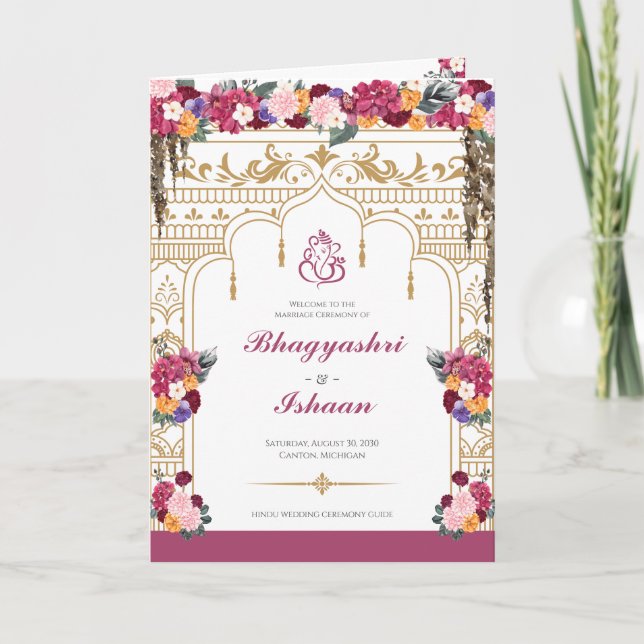 Tropical Flowers & Leaves Hindu Wedding Ceremony Programme (Front)