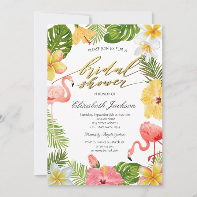 Tropical Flowers Leaves Pink Flamingos Invitation (Front)