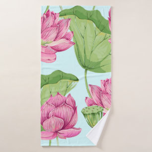 Tropical flowers, leaves, pink lotus, water lily,  bath towel