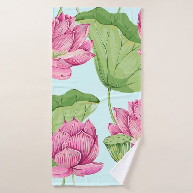 Tropical flowers, leaves, pink lotus, water lily,  bath towel (Bath Towel)