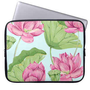 Tropical flowers, leaves, pink lotus, water lily, laptop sleeve