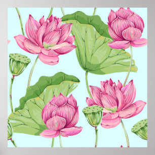 Tropical flowers, leaves, pink lotus, water lily, poster