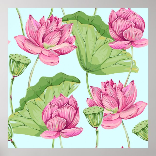 Tropical flowers, leaves, pink lotus, water lily,  poster (Front)