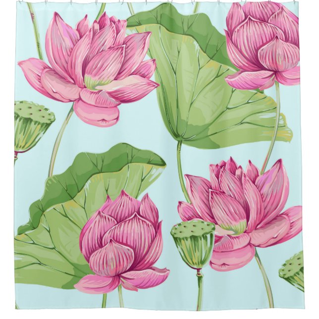 Tropical flowers, leaves, pink lotus, water lily,  shower curtain (Front)