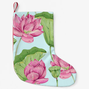 Tropical flowers, leaves, pink lotus, water lily, small christmas stocking