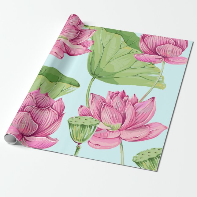 Tropical flowers, leaves, pink lotus, water lily,  wrapping paper (Unrolled)