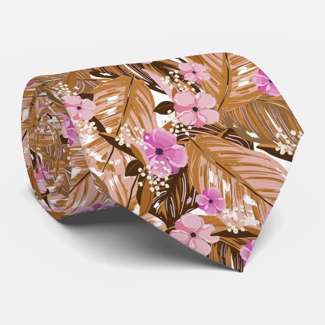 Tropical Flowers Leaves Pink Tan Beige Brown Tie (Rolled)