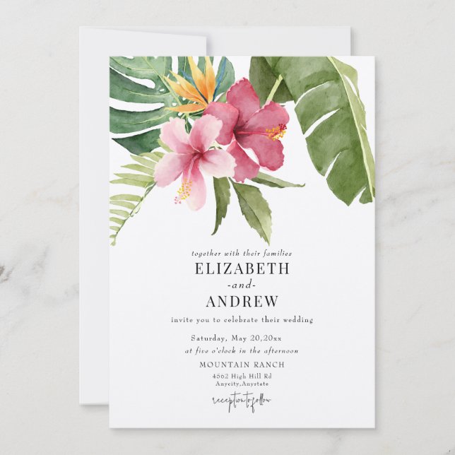 Tropical Flowers & Leaves | Summer Flower Wedding Invitation (Front)