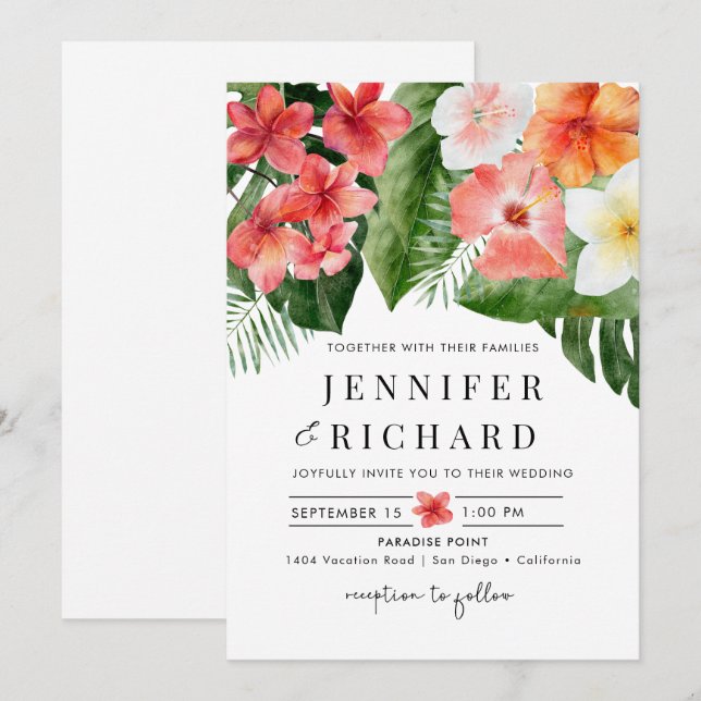 Tropical Flowers Leaves Wedding Invitation (Front/Back)