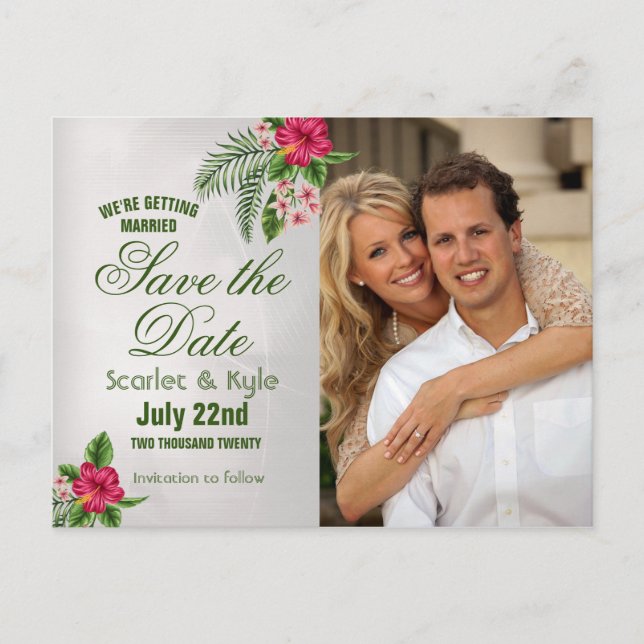 Tropical Flowers & Leaves Wedding Save the Date Announcement Postcard (Front)