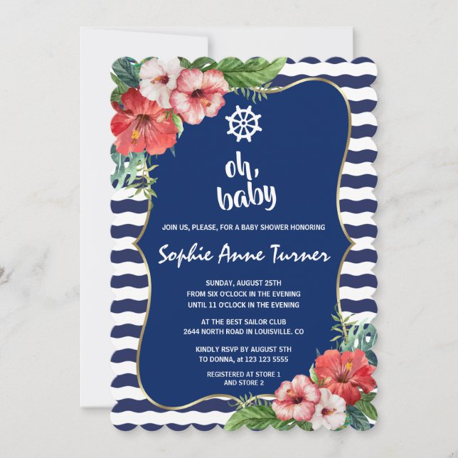Tropical Flowers Luau Navy Stripes BABY SHOWER Invitation (Front)