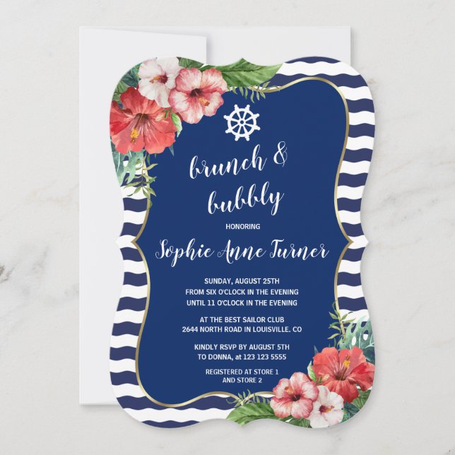 Tropical Flowers Luau Navy Stripes Brunch & Bubbly Invitation (Front)