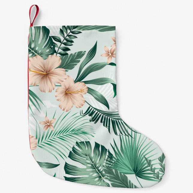 Tropical flowers, lush foliage pattern. small christmas stocking (Front)