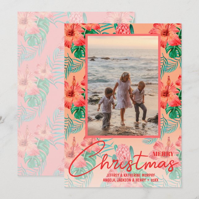 Tropical Flowers Merry Christmas Photo Holiday Card (Front/Back)