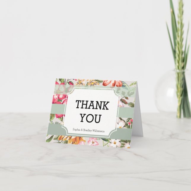 Tropical Flowers Mint Stripes Thank you Card (Front)
