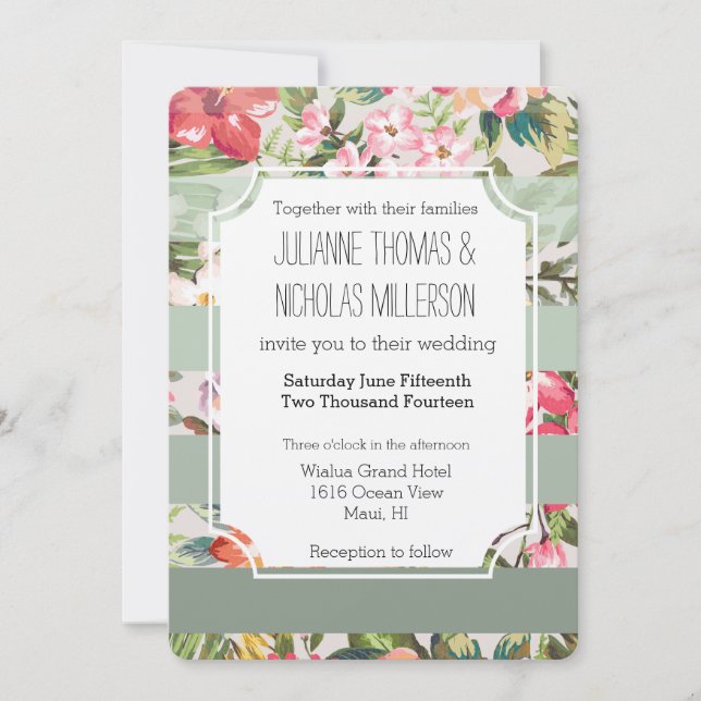 Tropical Flowers Mint Stripes Wedding Invitation (Front)