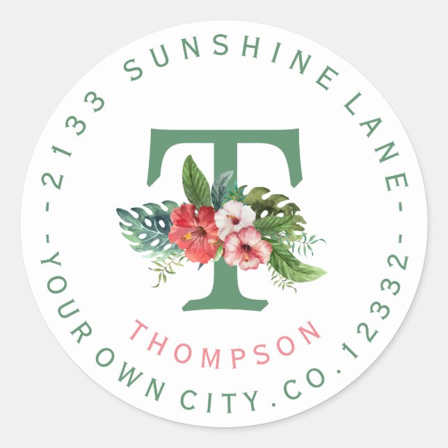 Tropical Flowers Monogram Circular Address Label (Front)