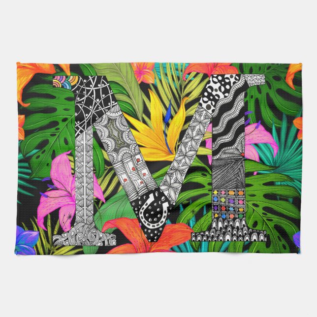 Tropical Flowers Monogram M Kitchen Towel (Horizontal)