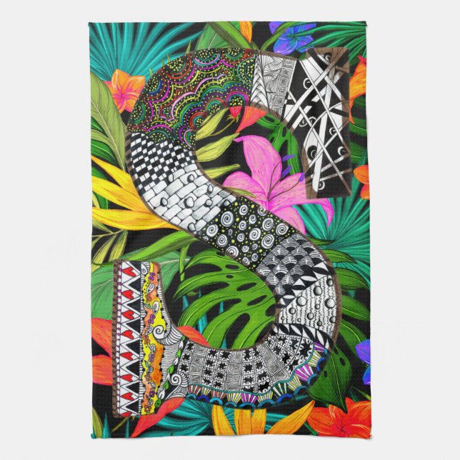Tropical Flowers Monogram S Kitchen Towel (Vertical)