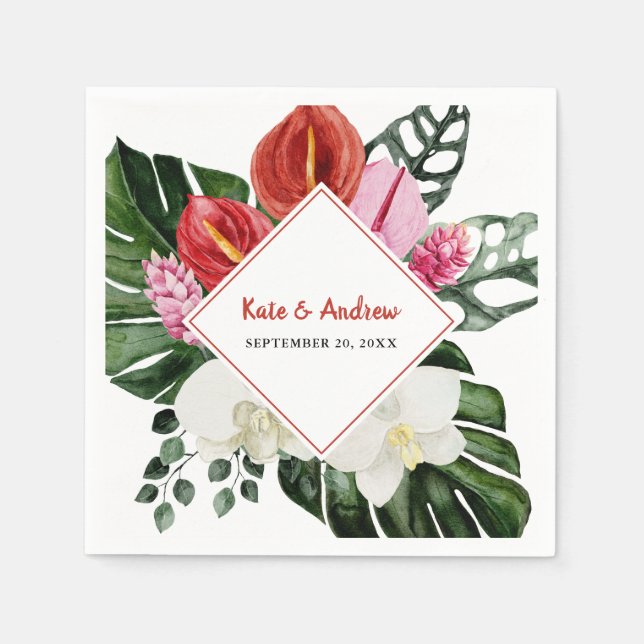 Tropical Flowers Monstera Leaf Botanical Wedding Napkin (Front)