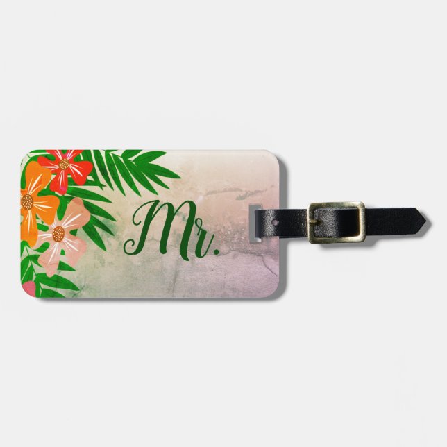 Tropical Flowers Newylwed Mr. Husband Luggage Tag (Front Horizontal)